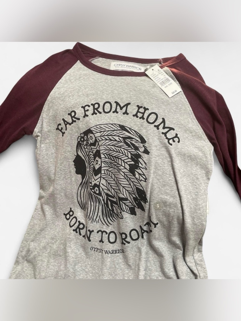 Gypsy Warrior Raglan Tee - Maroon and Heather Gray Graphic